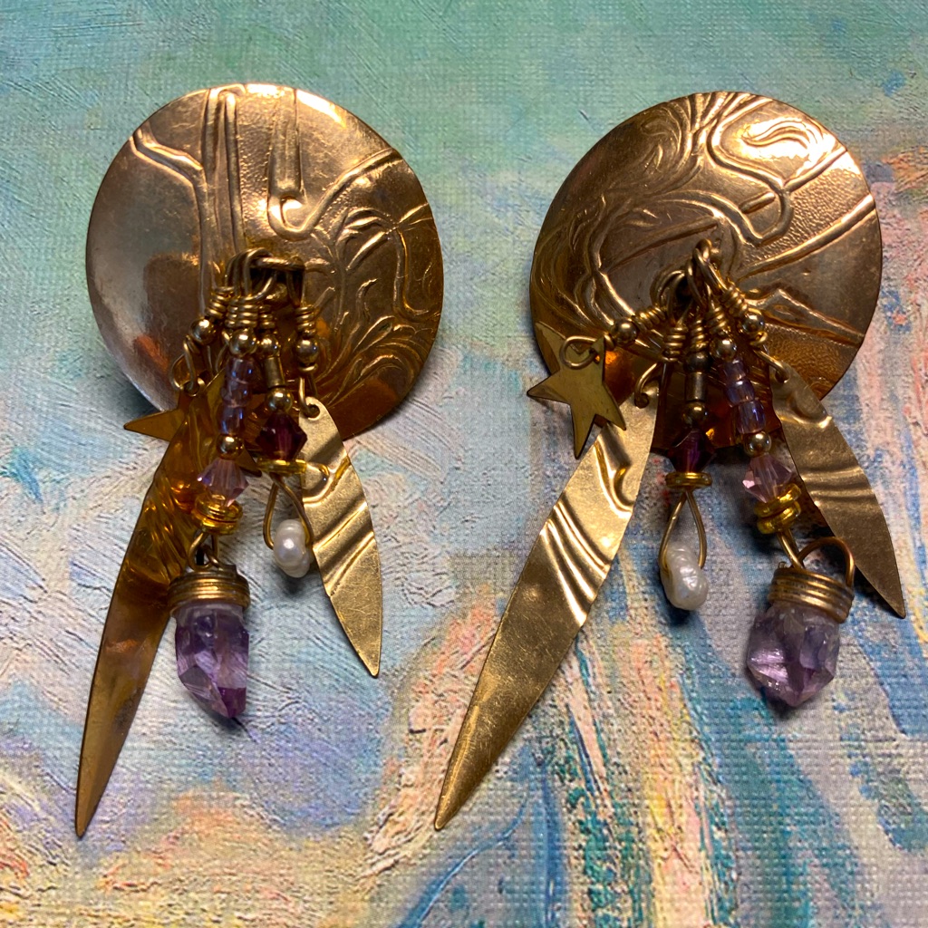 Tabra Gold Amethyst Star Vintage Earrings